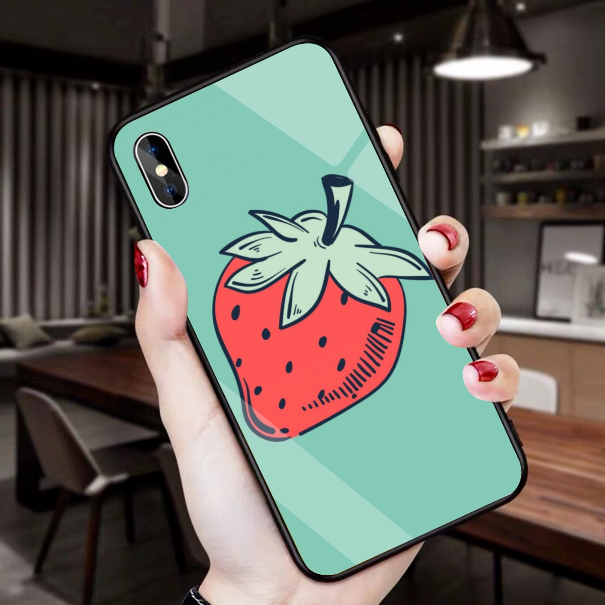 Elegant Strawberry Design iPhone X Case with Premium Tempered Glass - Exclusive / Protective