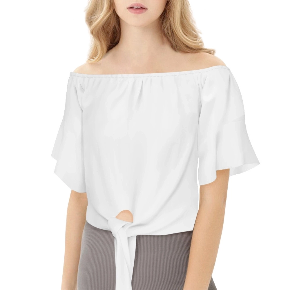 Women's Off-Shoulder Tie-Front Short Sleeve Tee - Chic One-Word Collar Design Top for Casual Elegance