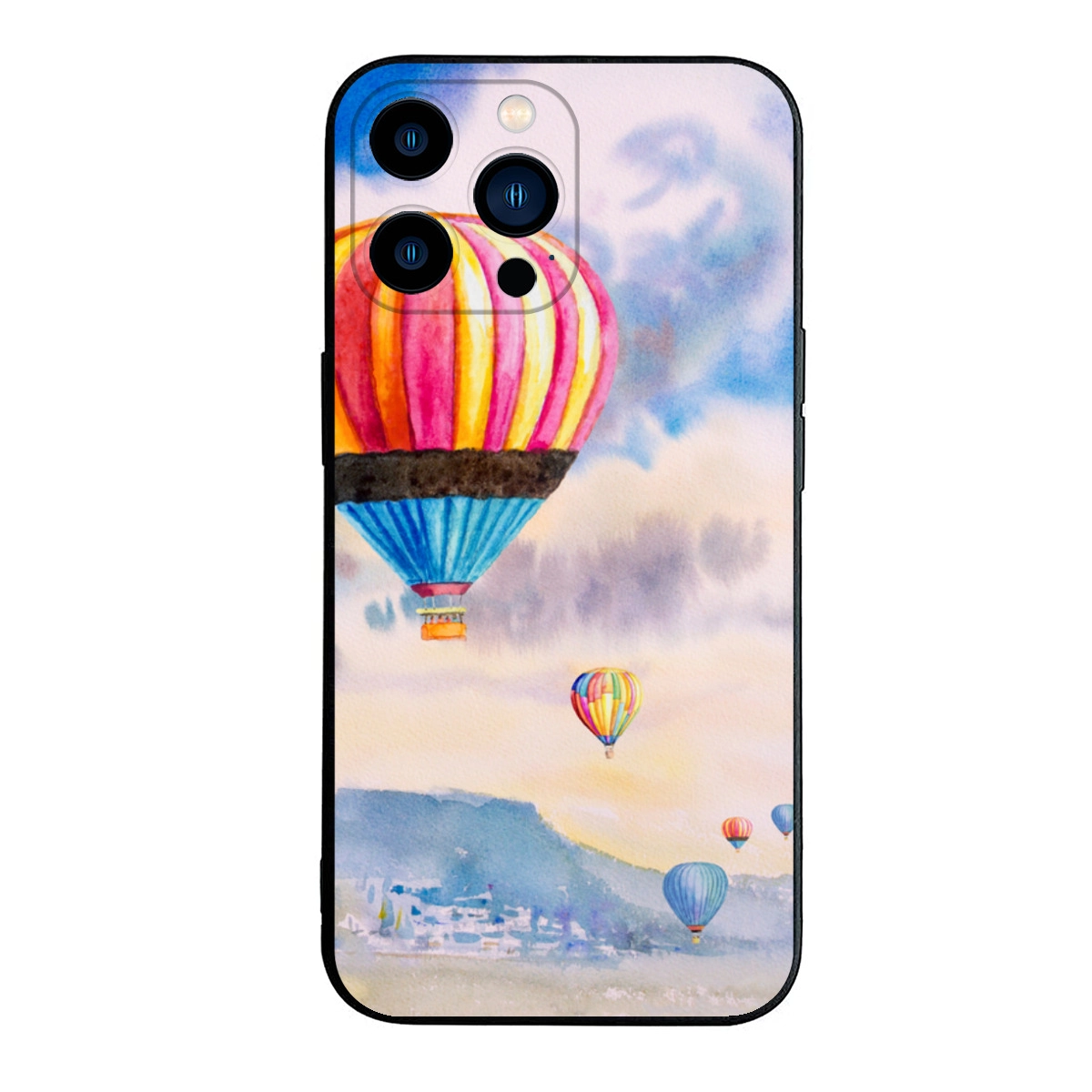 Colorful Hot Air Balloon Design Black Case for iPhone 13 Pro Max - Sky Adventure Aesthetic Protective Cover for Trendy Personal Style