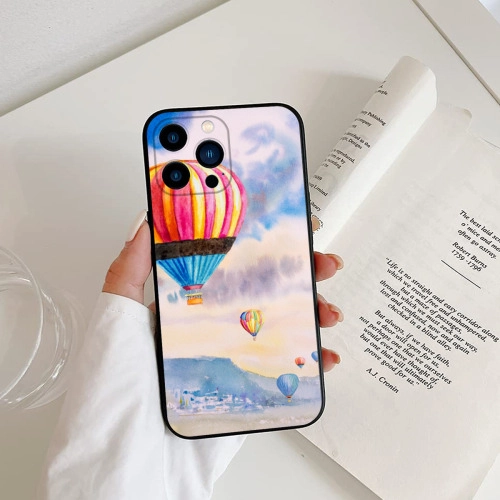 Colorful Hot Air Balloon Design Black Case for iPhone 13 Pro Max - Sky Adventure Aesthetic Protective Cover for Trendy Personal Style