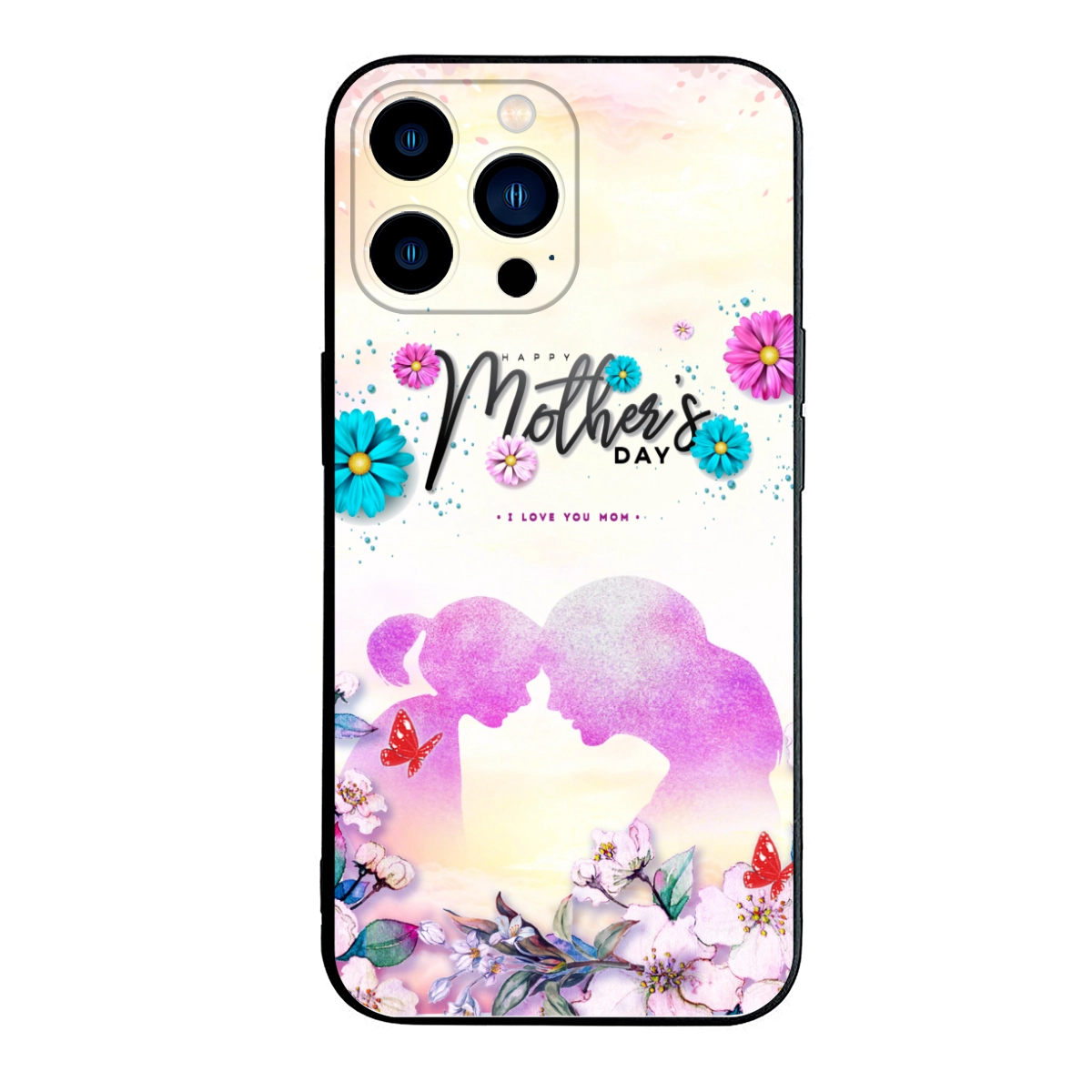 Celebratory Mother's Day Personalized iPhone 13 Case – Floral and Butterfly Design in Black for Elegant Protection – Perfect Gift for Mom