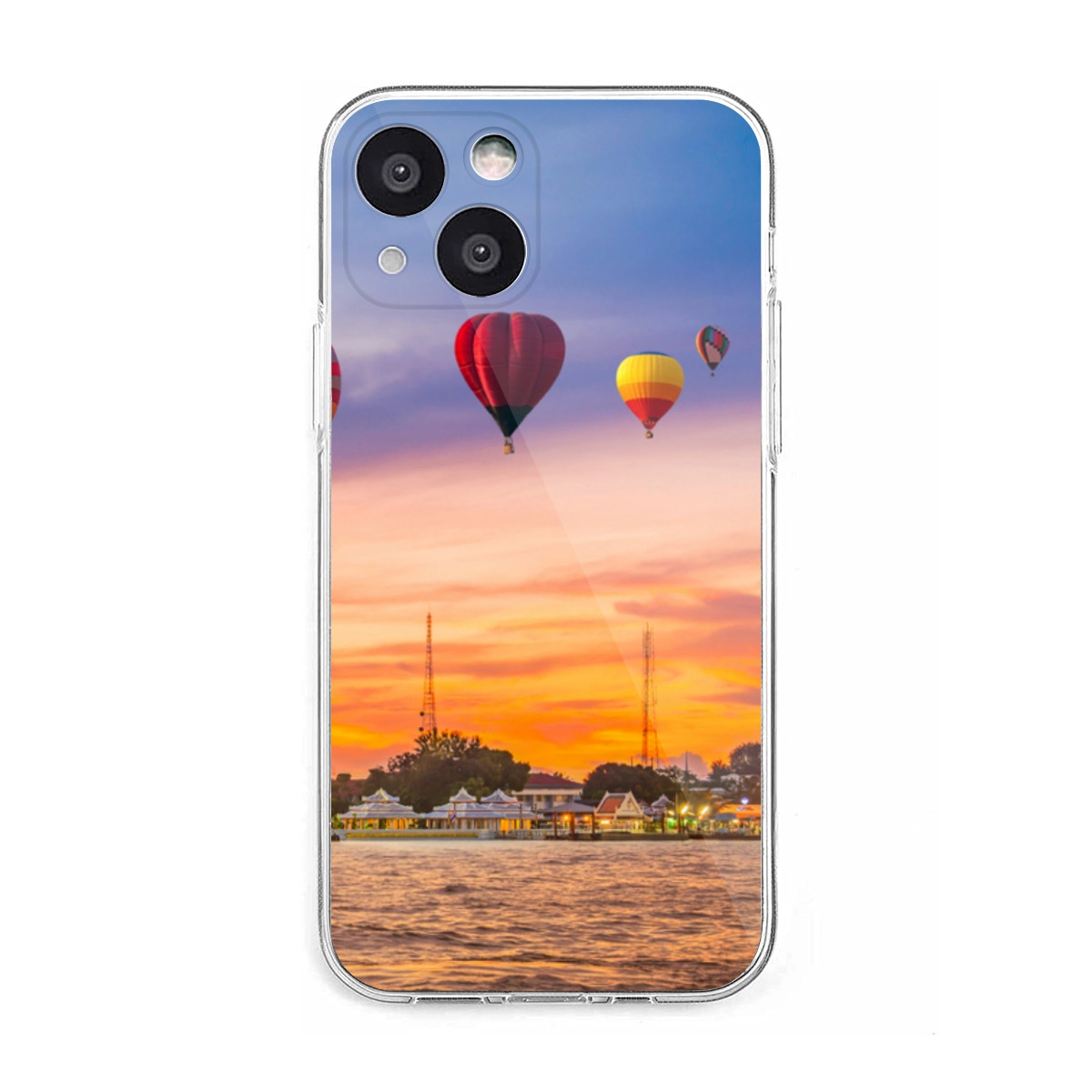 Sunset Balloons iPhone 13 Case - Vibrant Sky Design Transparent Cover for iPhone 13 - Unique Aesthetic Protective Clear Shell - Waterfront and Skyline