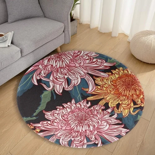 Customizable Designer Round Rug, 60cm - Luxurious Chrysanthemum Illustration, Personalized Comfort Floor Mat for Home Decor