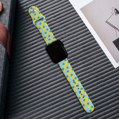 Custom Design Apple Single Buckle Watch Band - Vibrant Lemon / Floral Print, Durable Wrist Strap for Active Lifestyle