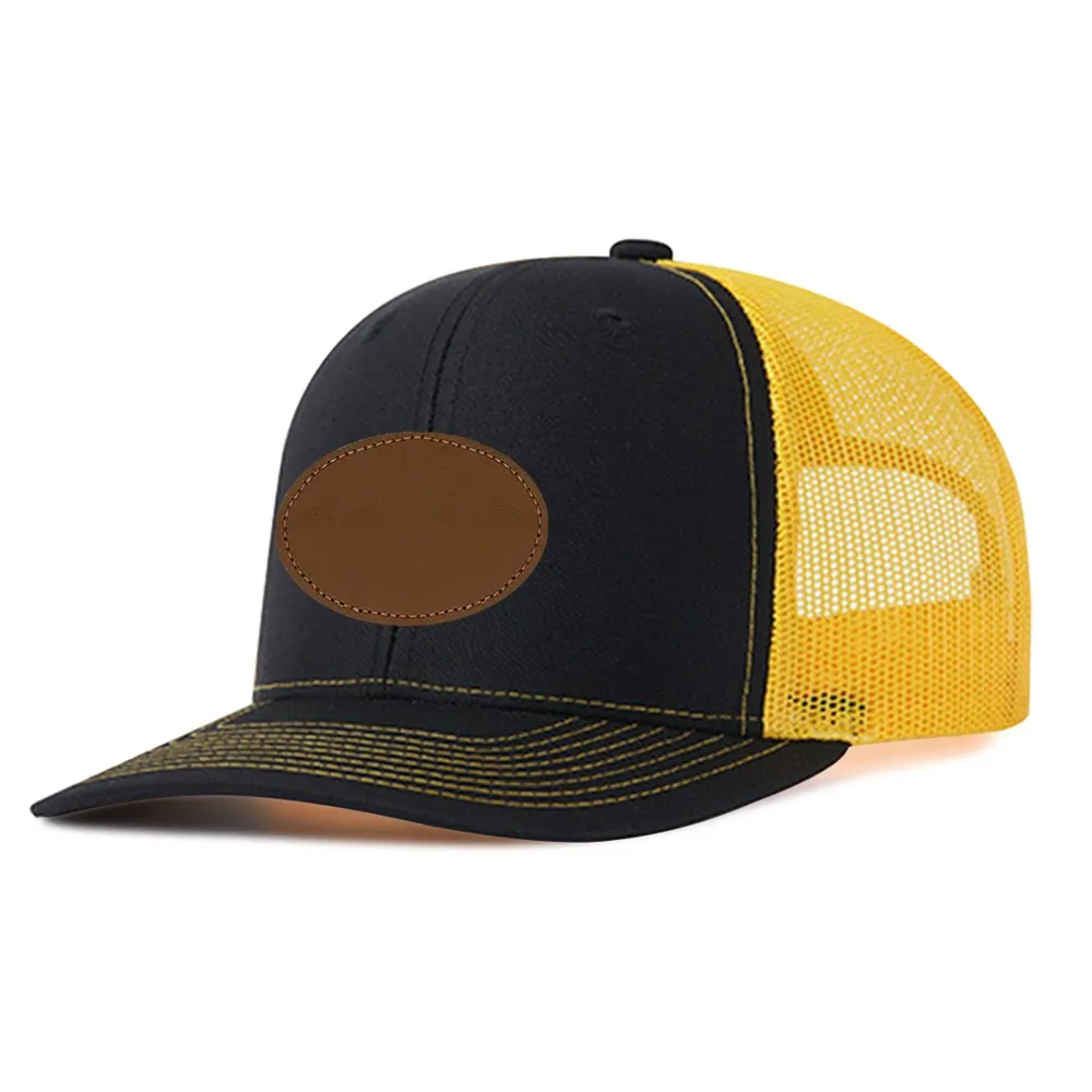 Customizable Outdoor Sun Cap with Mesh Back and Oval Leather Patch - Unique Design Trucker Hat