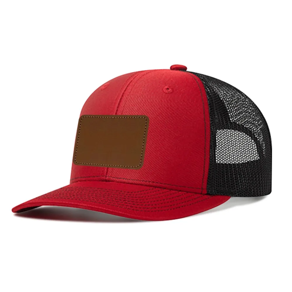 Customizable Outdoor Mesh Trucker Hat with Rectangular Leather Patch - Breathable Sun Protection Cap