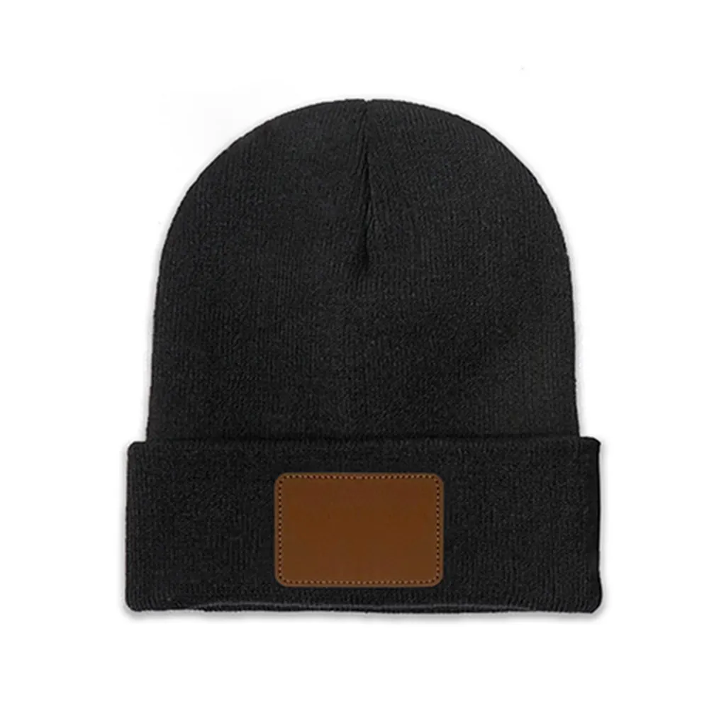 Customizable Knit Beanie with Leather Patch - Personalized Laser Engraved Design, Unisex Winter Hat