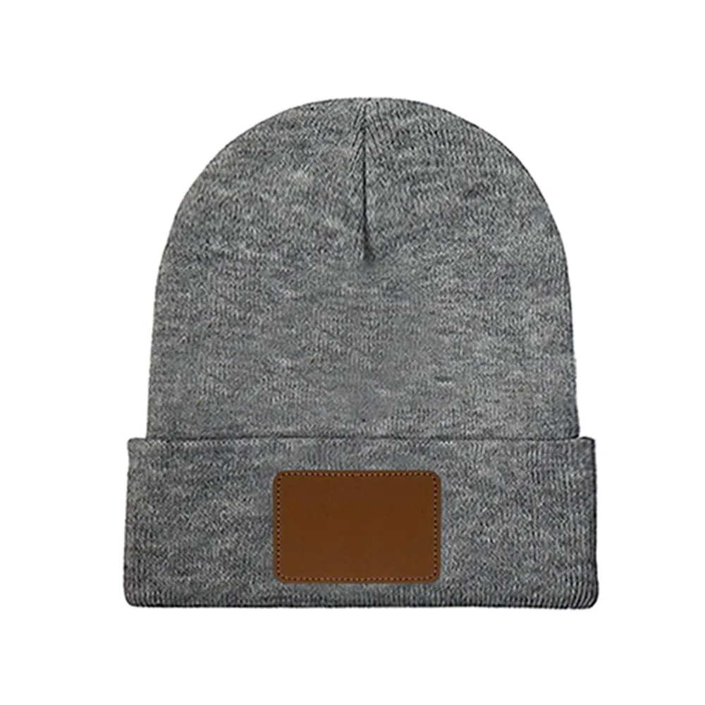 Customizable Knit Beanie with Leather Patch - Personalized Laser Engraved Design, Unisex Winter Hat