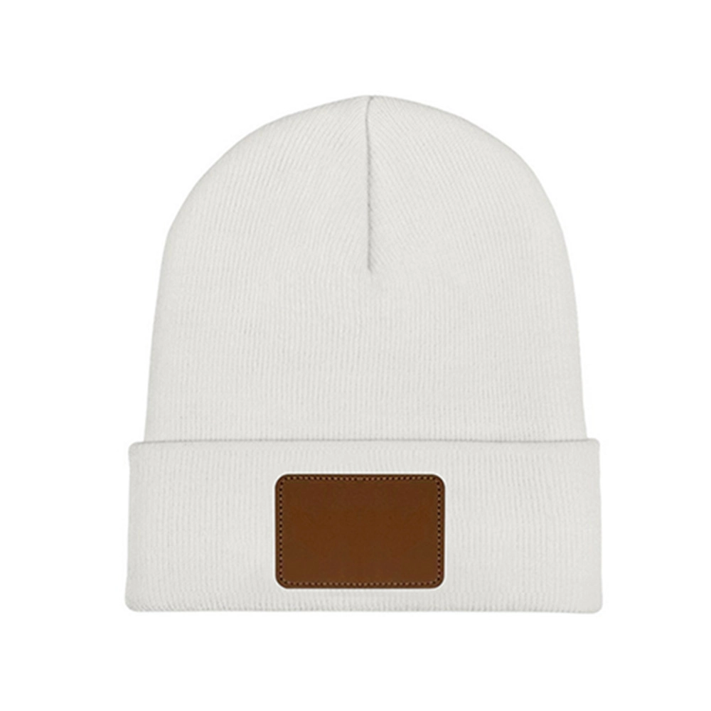 Customizable Knit Beanie with Leather Patch - Personalized Laser Engraved Design, Unisex Winter Hat