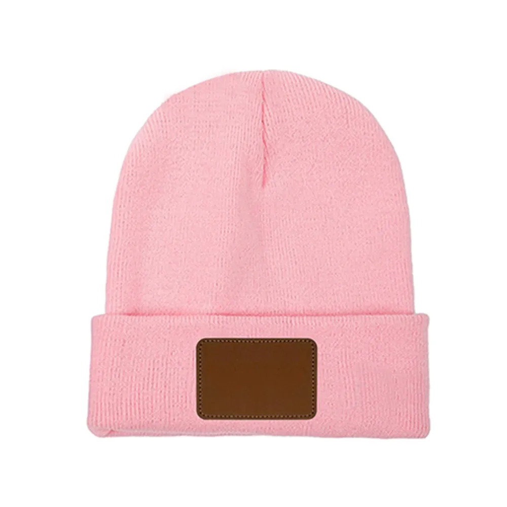 Customizable Knit Beanie with Leather Patch - Personalized Laser Engraved Design, Unisex Winter Hat