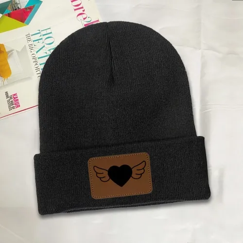 Customizable Knit Beanie with Leather Patch - Personalized Laser Engraved Design, Unisex Winter Hat