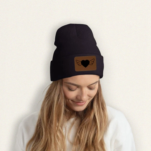 Customizable Knit Beanie with Leather Patch - Personalized Laser Engraved Design, Unisex Winter Hat