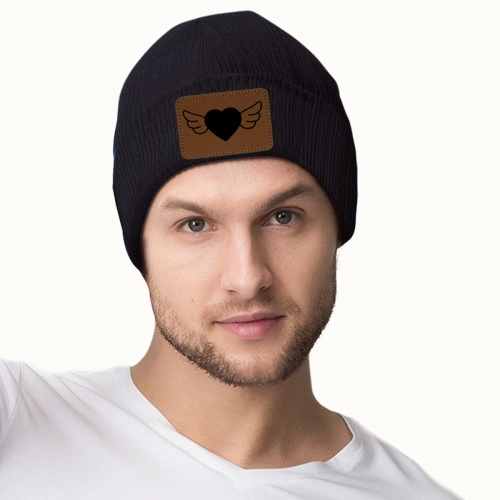 Customizable Knit Beanie with Leather Patch - Personalized Laser Engraved Design, Unisex Winter Hat