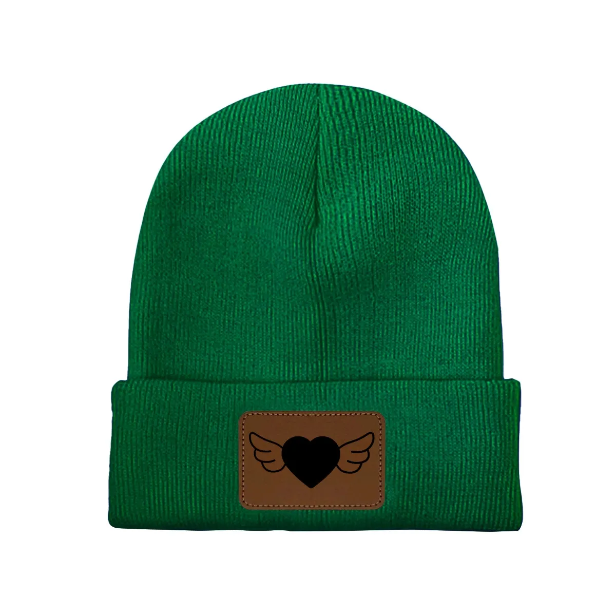 Customizable Knit Beanie with Engraved Leatherette Patch - Personalized Heart Wing Design - Unisex Winter Hat