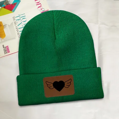 Customizable Knit Beanie with Engraved Leatherette Patch - Personalized Heart Wing Design - Unisex Winter Hat