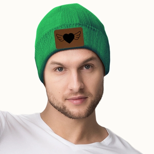 Customizable Knit Beanie with Engraved Leatherette Patch - Personalized Heart Wing Design - Unisex Winter Hat