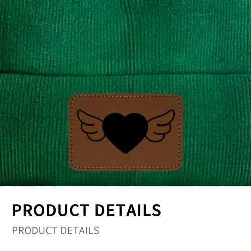 Customizable Knit Beanie with Engraved Leatherette Patch - Personalized Heart Wing Design - Unisex Winter Hat