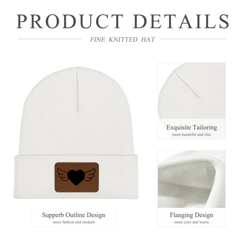 Customizable Knit Beanie with Engraved Leatherette Patch - Personalized Heart Wing Design - Unisex Winter Hat