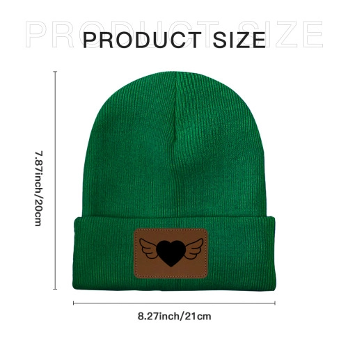 Customizable Knit Beanie with Engraved Leatherette Patch - Personalized Heart Wing Design - Unisex Winter Hat