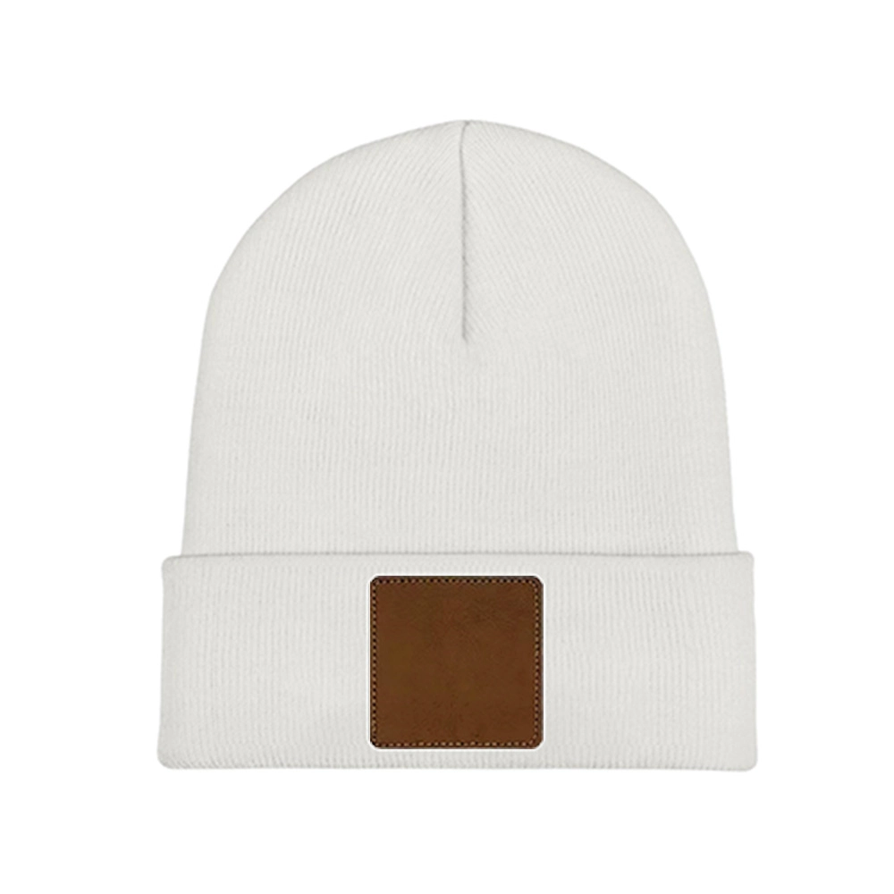 Customizable Knit Beanie with Square Leather Patch - Personalized Laser Engraving Available