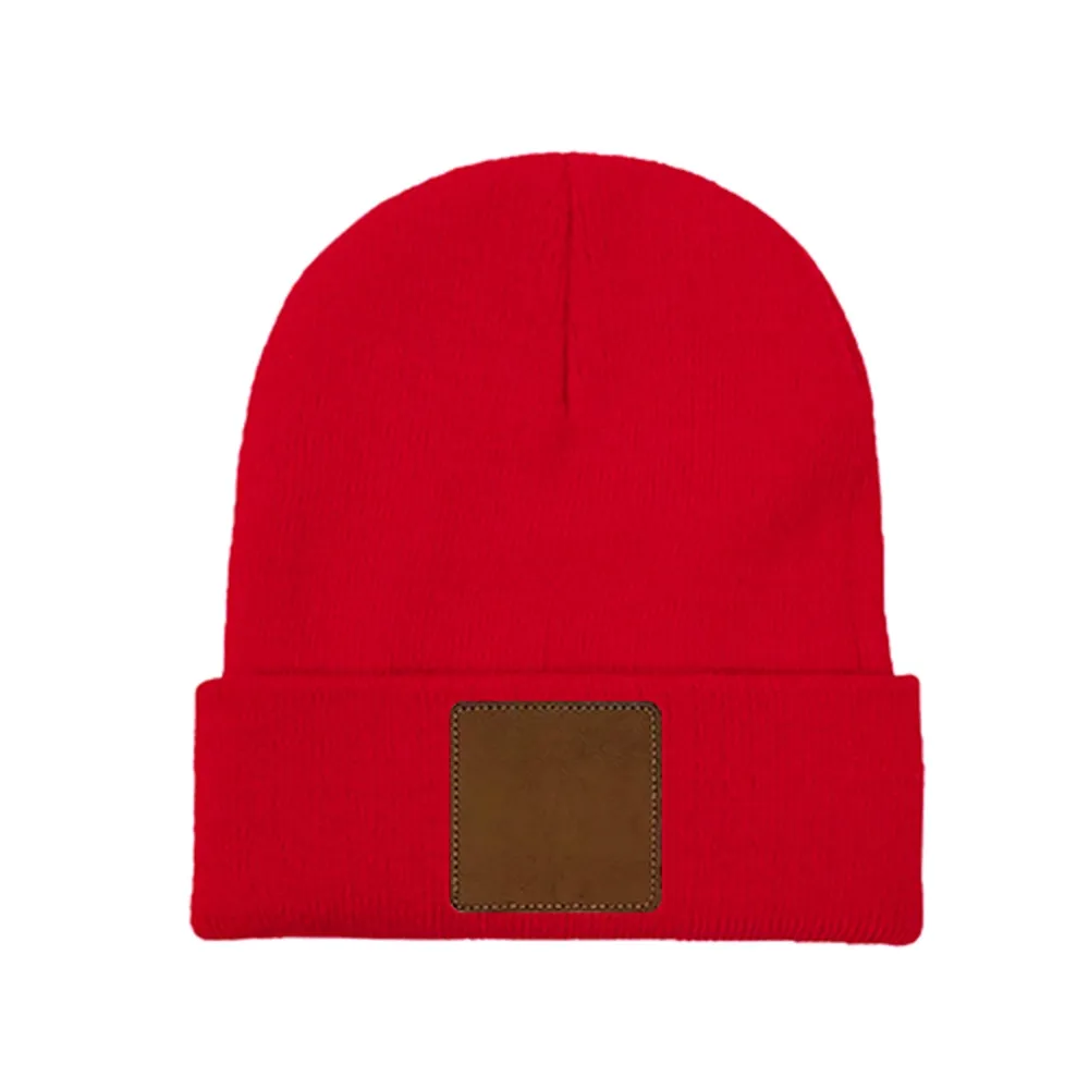 Customizable Knit Beanie with Square Leather Patch - Personalized Laser Engraving Available