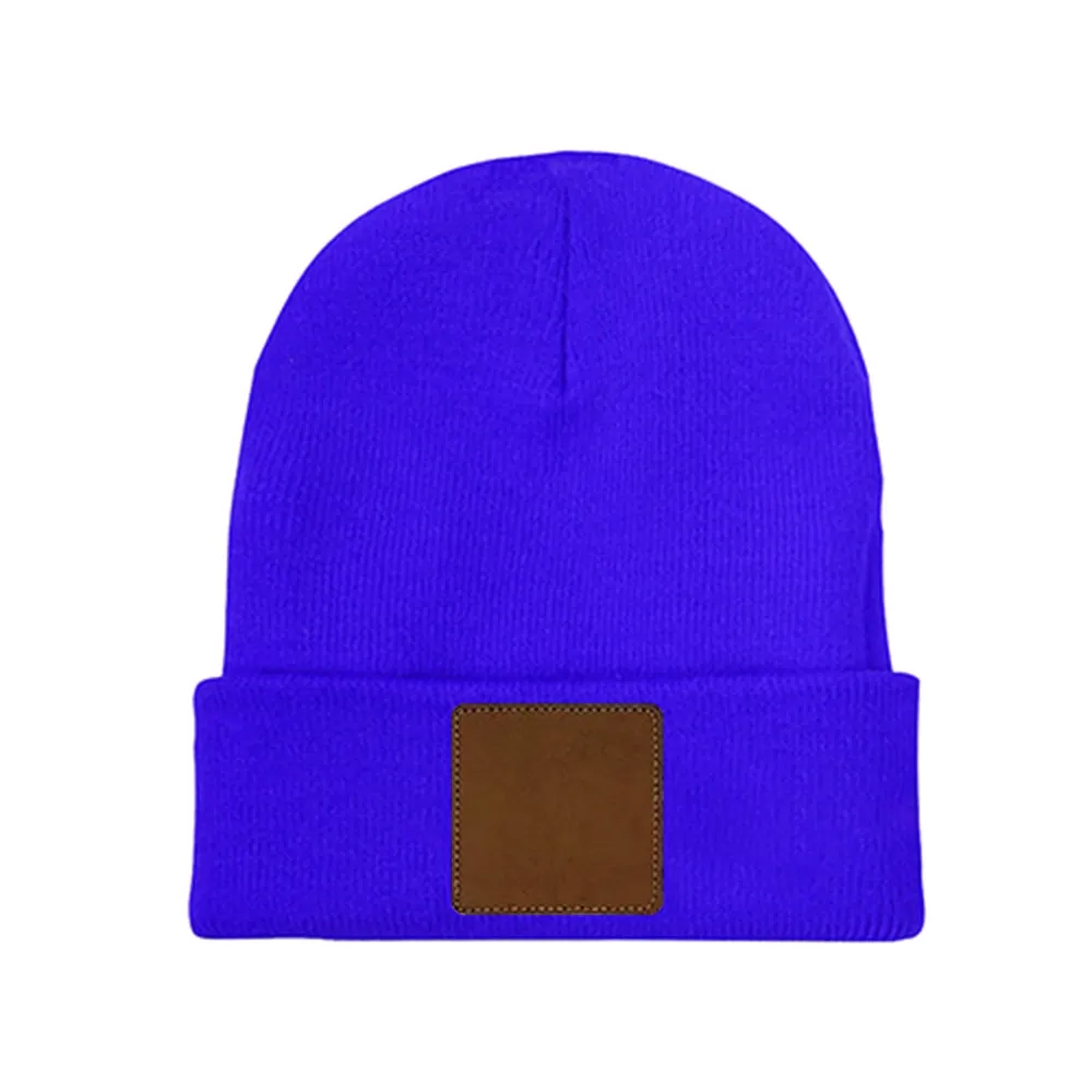 Customizable Knit Beanie with Square Leather Patch - Personalized Laser Engraving Available