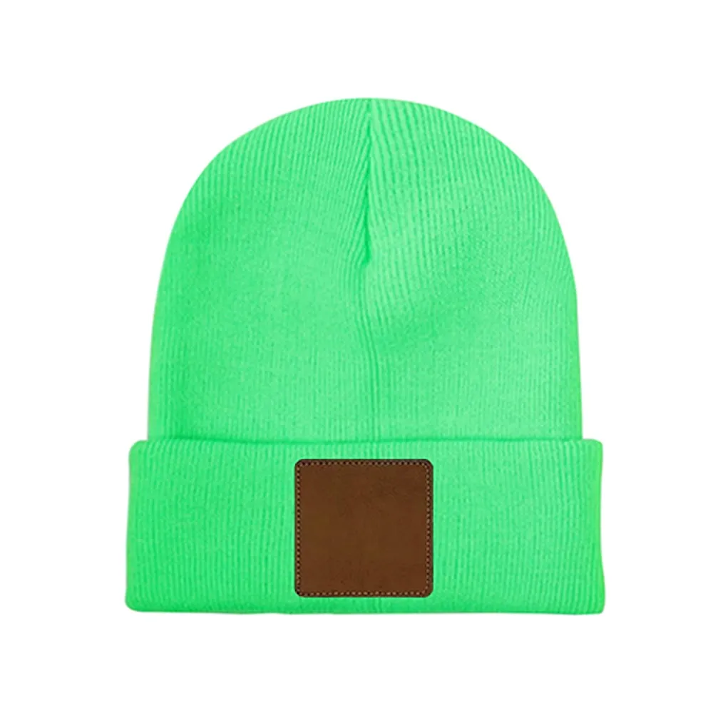 Customizable Knit Beanie with Square Leather Patch - Personalized Laser Engraving Available