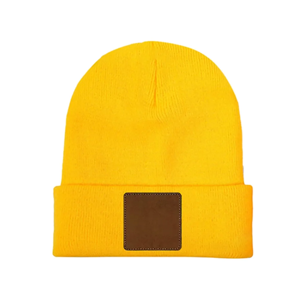 Customizable Knit Beanie with Square Leather Patch - Personalized Laser Engraving Available