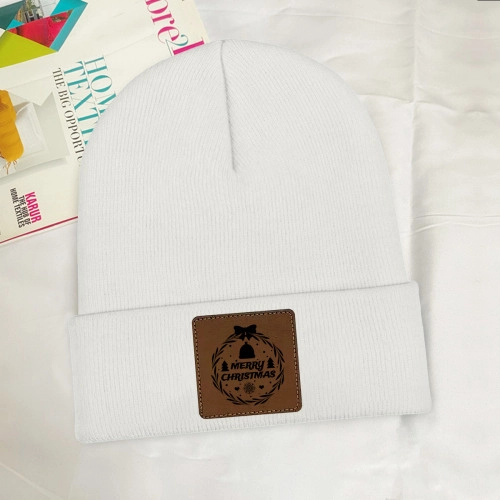 Customizable Knit Beanie with Square Leather Patch - Personalized Laser Engraving Available