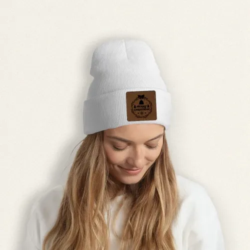 Customizable Knit Beanie with Square Leather Patch - Personalized Laser Engraving Available