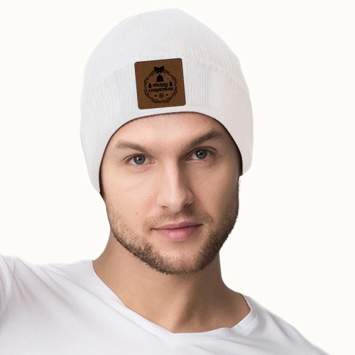 Customizable Knit Beanie with Square Leather Patch - Personalized Laser Engraving Available