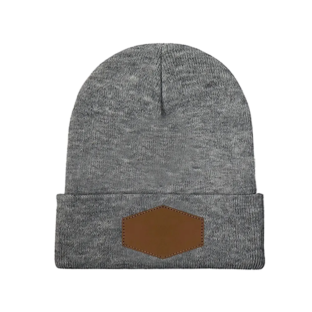 Customizable Knit Hat with Leather Hexagon Detailing and Laser Engraving