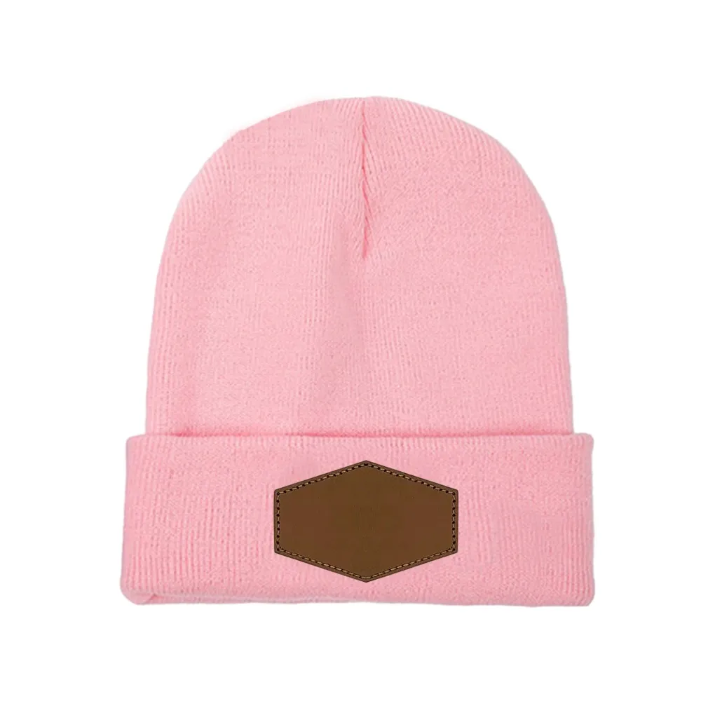 Customizable Knit Hat with Leather Hexagon Detailing and Laser Engraving