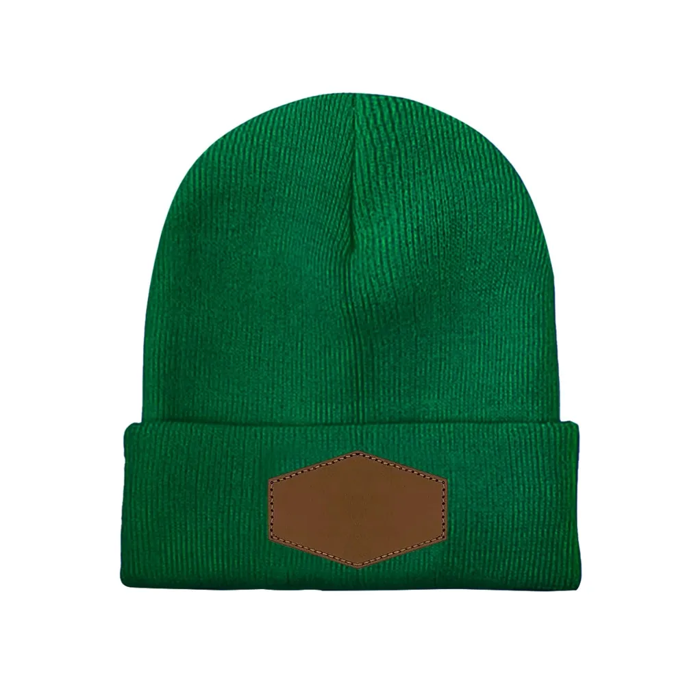 Customizable Knit Hat with Leather Hexagon Detailing and Laser Engraving