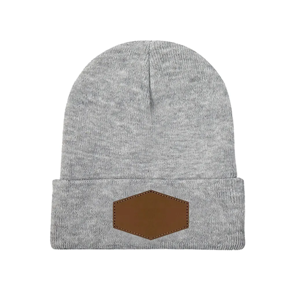 Customizable Knit Hat with Leather Hexagon Detailing and Laser Engraving