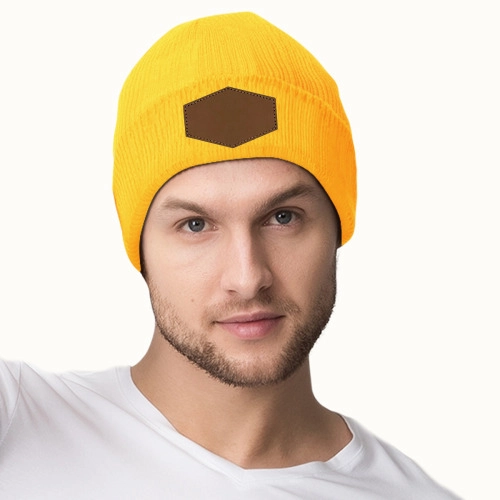 Customizable Knit Hat with Leather Hexagon Detailing and Laser Engraving