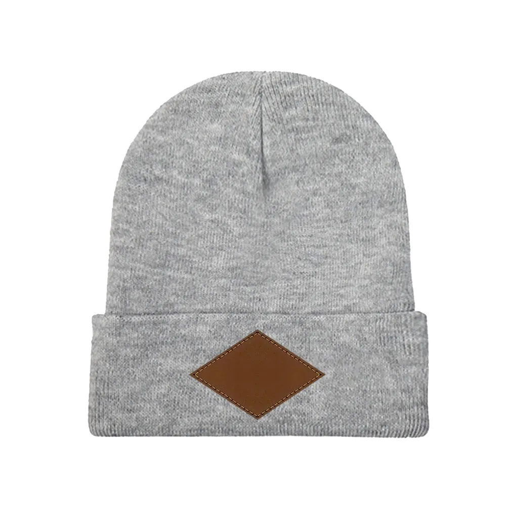 Customizable Knit Beanie with Laser-Engraved Leather Patch - Personalized Winter Cap for Unique Style