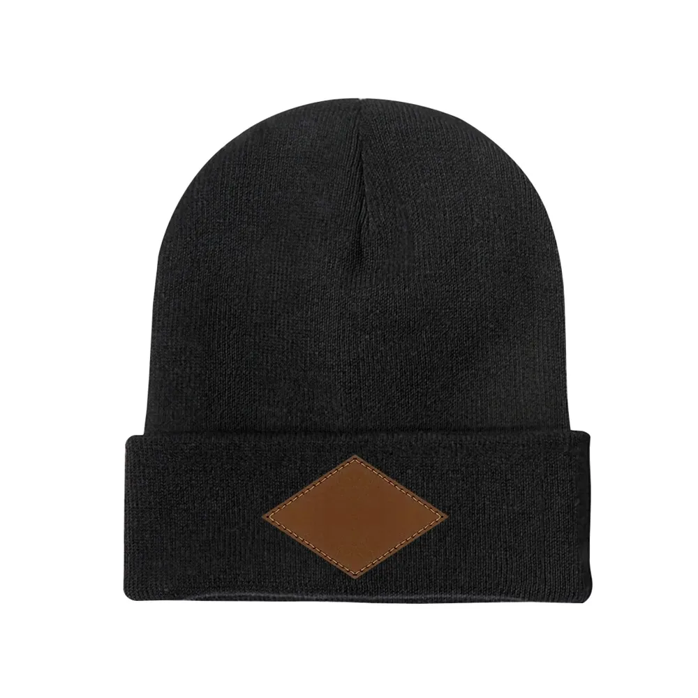 Customizable Knit Beanie with Laser-Engraved Leather Patch - Personalized Winter Cap for Unique Style