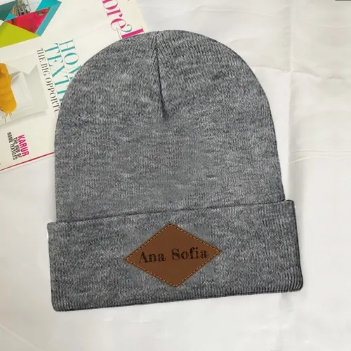 Customizable Knit Beanie with Laser-Engraved Leather Patch - Personalized Winter Cap for Unique Style