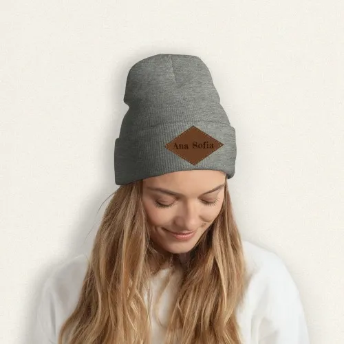 Customizable Knit Beanie with Laser-Engraved Leather Patch - Personalized Winter Cap for Unique Style