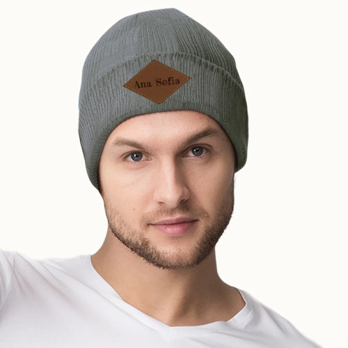 Customizable Knit Beanie with Laser-Engraved Leather Patch - Personalized Winter Cap for Unique Style