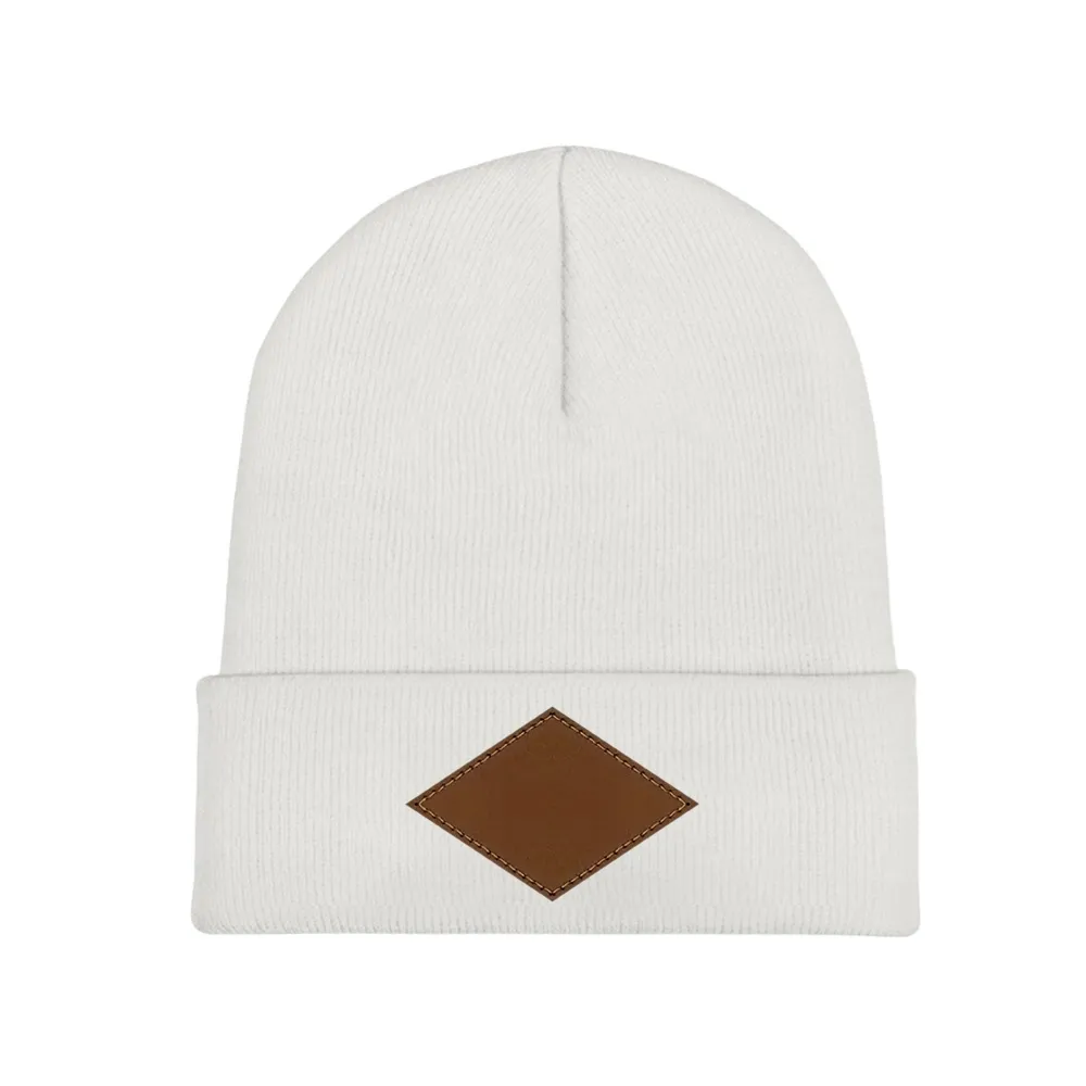 Custom Laser-Engraved Knit Beanie - Personalized Heather Grey Winter Hat with Leather Patch