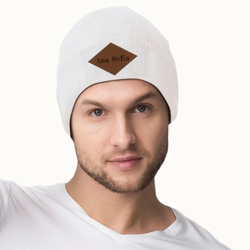 Custom Laser-Engraved Knit Beanie - Personalized Heather Grey Winter Hat with Leather Patch