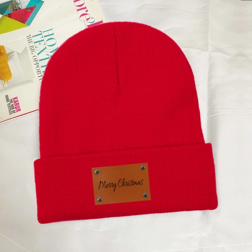 Customizable Pink Knit Beanie with Laser-Engraved Leather Patch - Personalized Winter Headwear