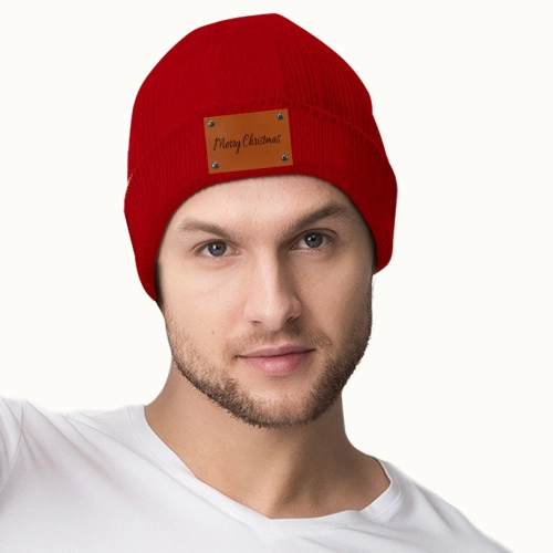 Customizable Pink Knit Beanie with Laser-Engraved Leather Patch - Personalized Winter Headwear