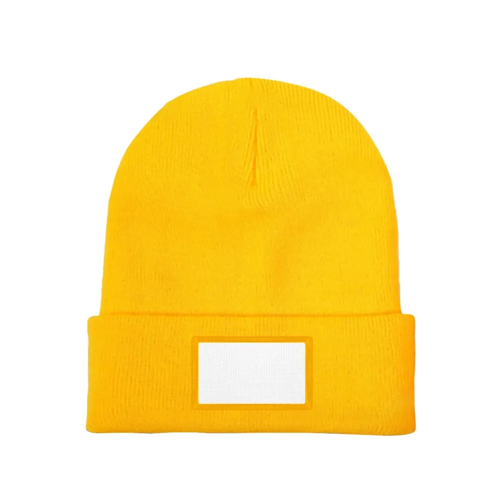 Customizable Yellow Knit Beanie with Patch – Personalized Acrylic Winter Hat for Unisex Style