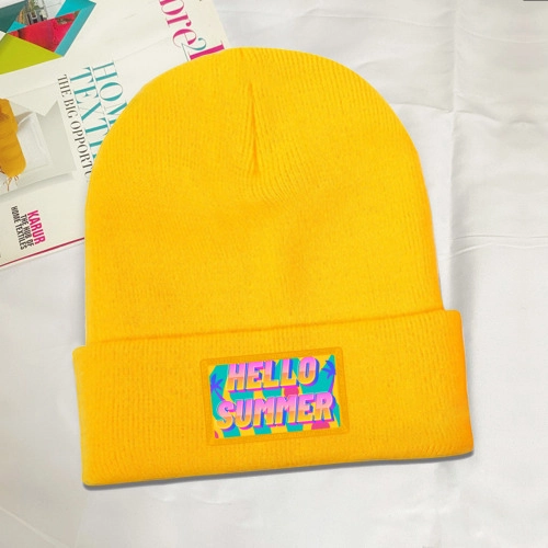 Customizable Yellow Knit Beanie with Patch – Personalized Acrylic Winter Hat for Unisex Style