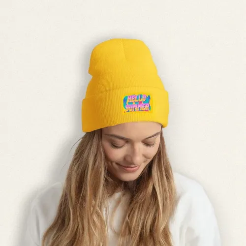 Customizable Yellow Knit Beanie with Patch – Personalized Acrylic Winter Hat for Unisex Style