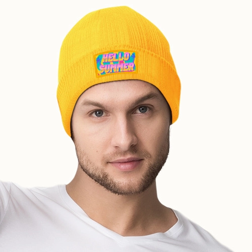 Customizable Yellow Knit Beanie with Patch – Personalized Acrylic Winter Hat for Unisex Style