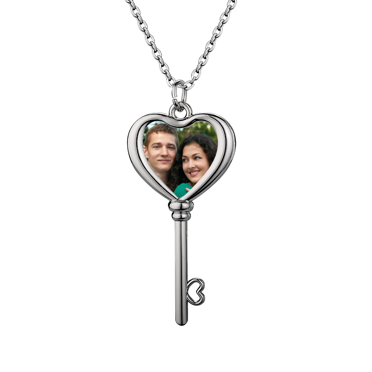 Customizable Heart Key Pendant Necklace – Personalized Photo Charm, Silver-Toned, Elegant Jewelry for Couples